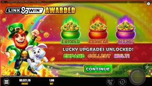 Tampilan visual slot Harrigan & Hare Rainbow Bonanza Power Combo dengan latar belakang perbukitan Irlandia yang hijau dan penuh warna.
