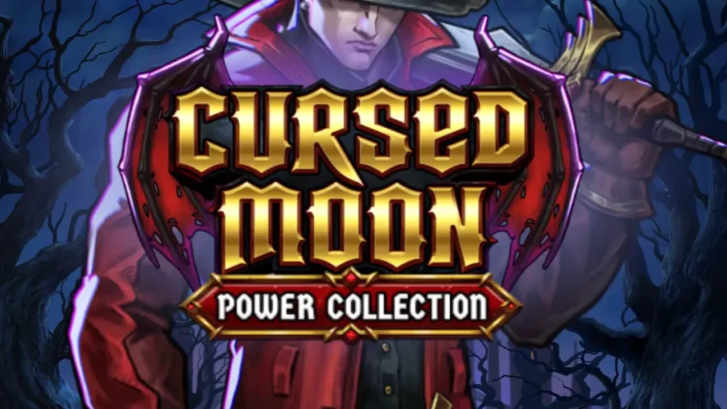 Pemandangan atmosferik slot Cursed Moon Power Collection dengan pemburu monster dan elemen horor gotik.