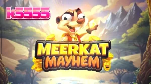 Tampilan visual slot Meerkat Mayhem dengan latar belakang gurun dan simbol harta karun